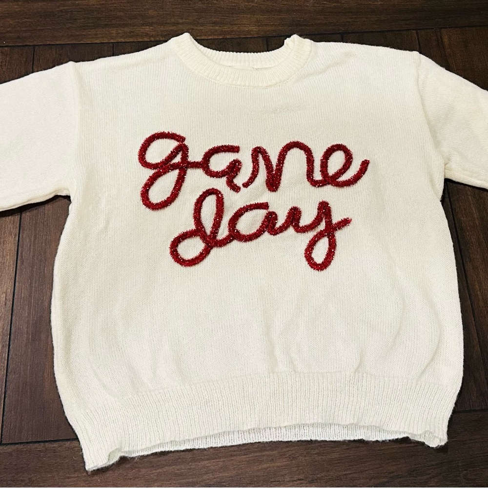 BiBi White Sweater with Game Day Red Script Design